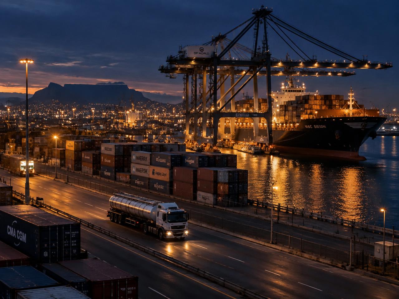 Cargo port at dusk with a fuel tanker truck and container ship