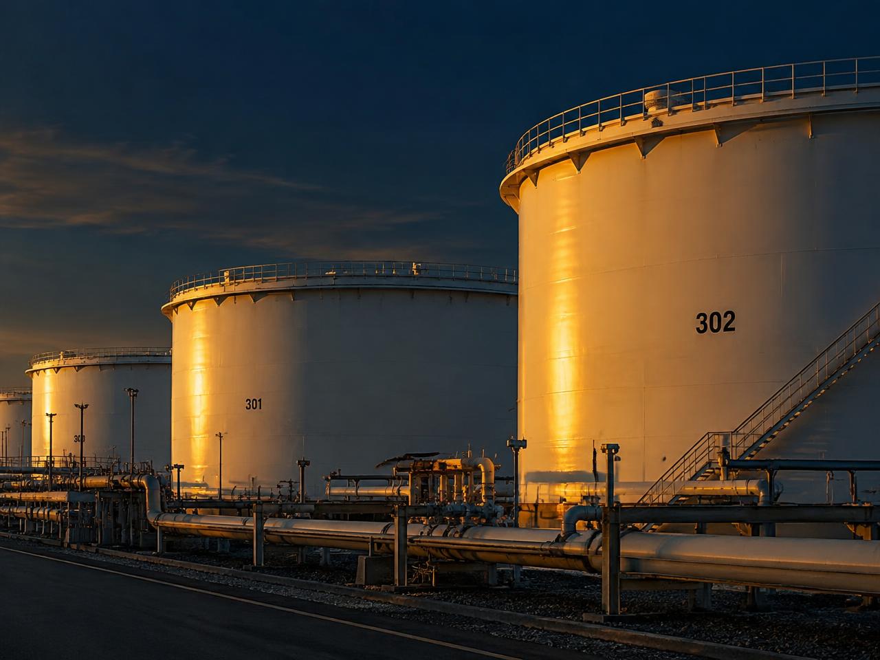 Fuel storage tanks at a depot at golden hour